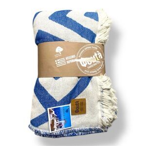 Qoutà Organic Hellenic Cotton Athens Greek Blue and White Blanket with Fringe
